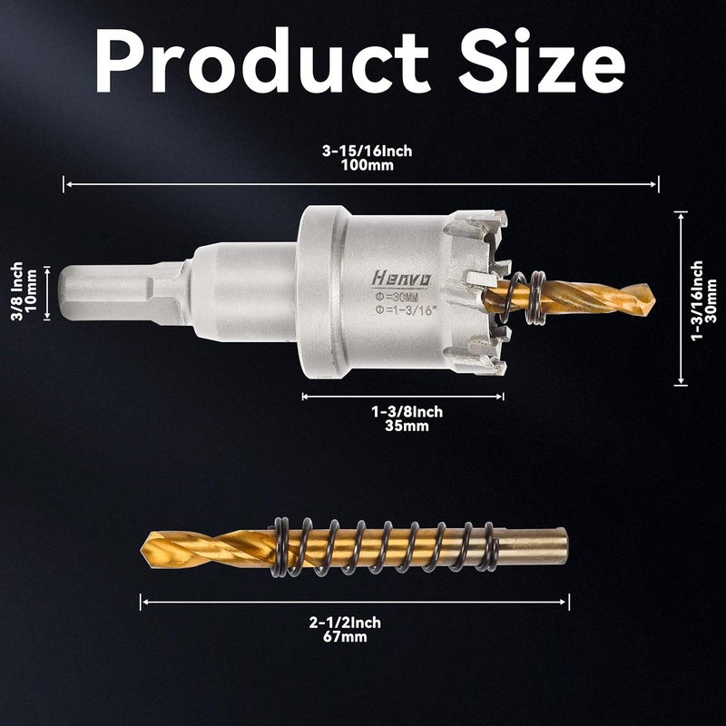 Henvo Hole Saw 1-3/16" (30mm) Heavy Duty Carbide with 2 Pilot Drill Bits - Metal Hole Cutter Cuts Stainless Steel, Iron, Copper, Brass, Plastic - Image 2